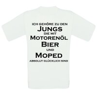 T-Shirt Motiv: "Ich gehöre zu den Jungs die mit Motorenöl, Bier und Moped absolut glücklich sind" Schwarz L