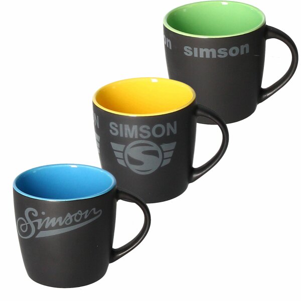 Simson Tasse schwarz mit verschiedenen Schriftzügen und Farben