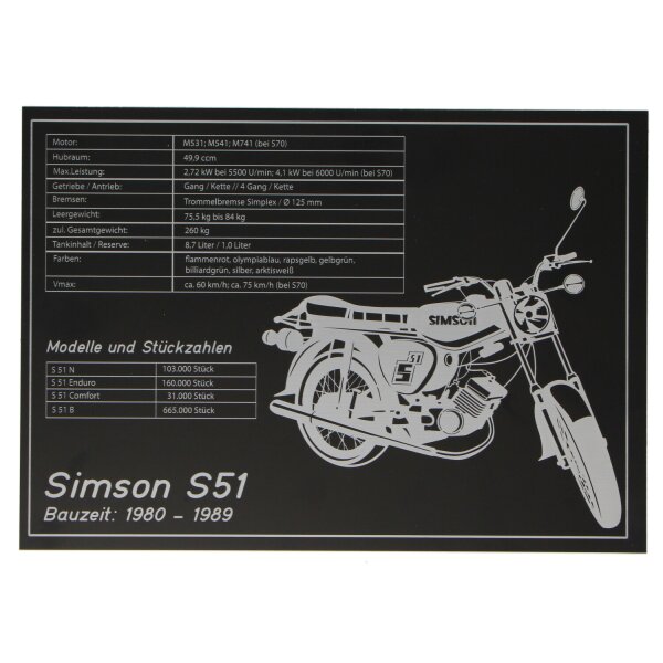 Blechschild Simson S51 technische Daten 300x220mm gelasert